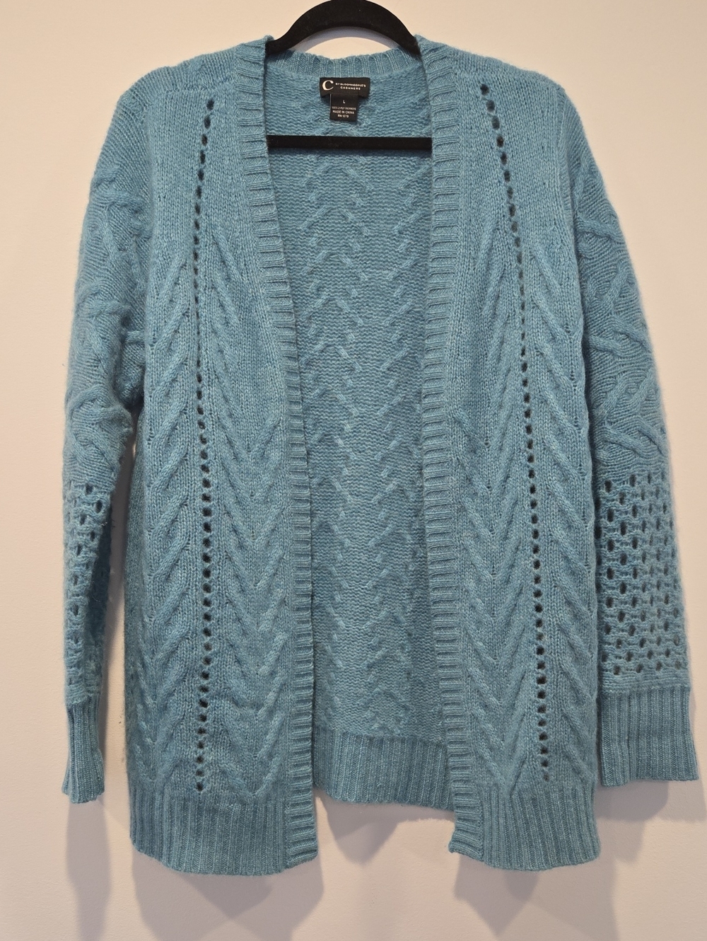 C by Bloomingdale's Cashmere Cardigan Open Knit Teal Blue Size L Cottagecore